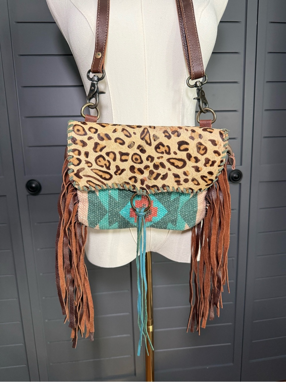 Myra Bag Leopard Cowhide Aztec Fringe Leather Crossbody Bag Western Boho